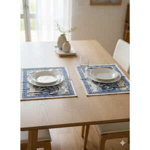 Lot of 2 Pomegranate Lexington KY Block Print Cotton Placemats Blue Floral 13x19